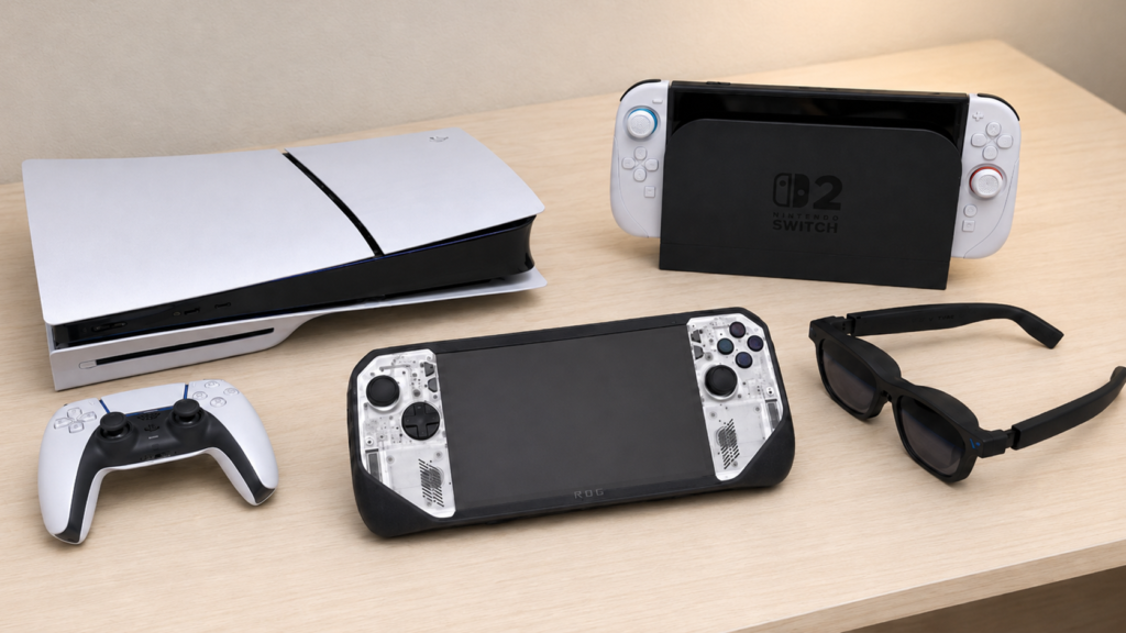 PS5・Nintendo Switch 2・ROG Ally X・DualSenseコントローラーとVITURE Beastを机に並べたところ