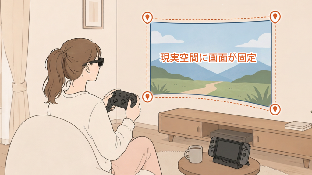 アンカーモードで画面が現実空間の同じ位置に固定される様子のイラスト