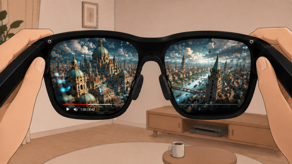 VITURE Beastのレンズ越しに、2D→3D変換した街並みの動画が見えているイメージ