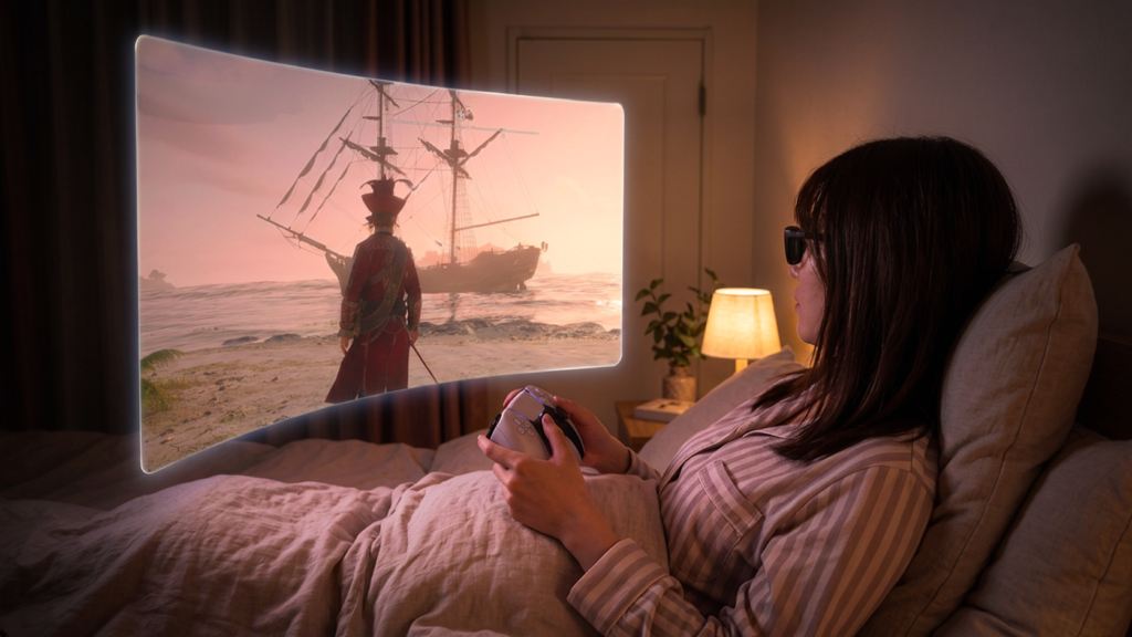 ベッドで寝ながらPS5のゲームを大画面で遊んでいるイメージ
