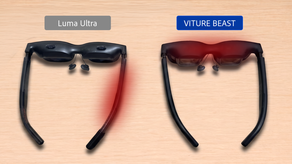 熱を持つ位置の比較。Luma Ultraは右のツル付近、VITURE Beastは額に近い中央